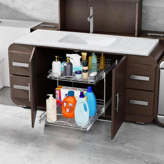HOLDN’ STORAGE Two Tier Pull Out Cabinet Organizer, Individual Sliding Drawers - Heavy Duty Metal with Lifetime Limited Warranty - Anti Rust Chrome Finish - 12" W x 21”D x 16.5" H