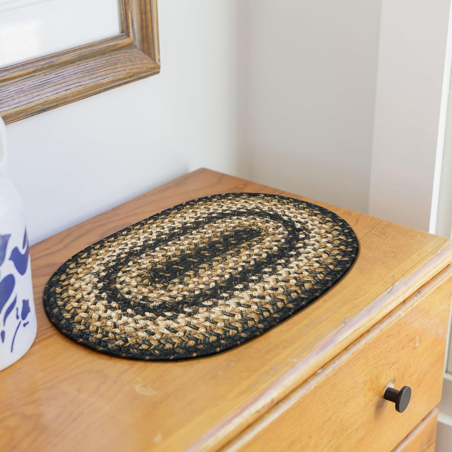 Homespice Kilimanjaro Premium Jute Braided Placemat Set of 4 Oval 10x15 Black Reversible, Natural Jute Yarn Rustic, Country, Primitive, Farmhouse Style