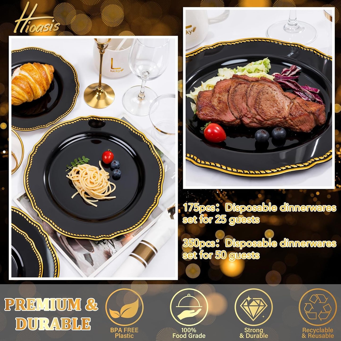 Hioasis 175pcs Black and gold Plastic Plates - Gold Plastic Dinnerware Set Includes 25 Dinner Plates, 25 Dessert Dinnerware, 25 Cups, 25 Napkins Perfect for Wedding & Halloween