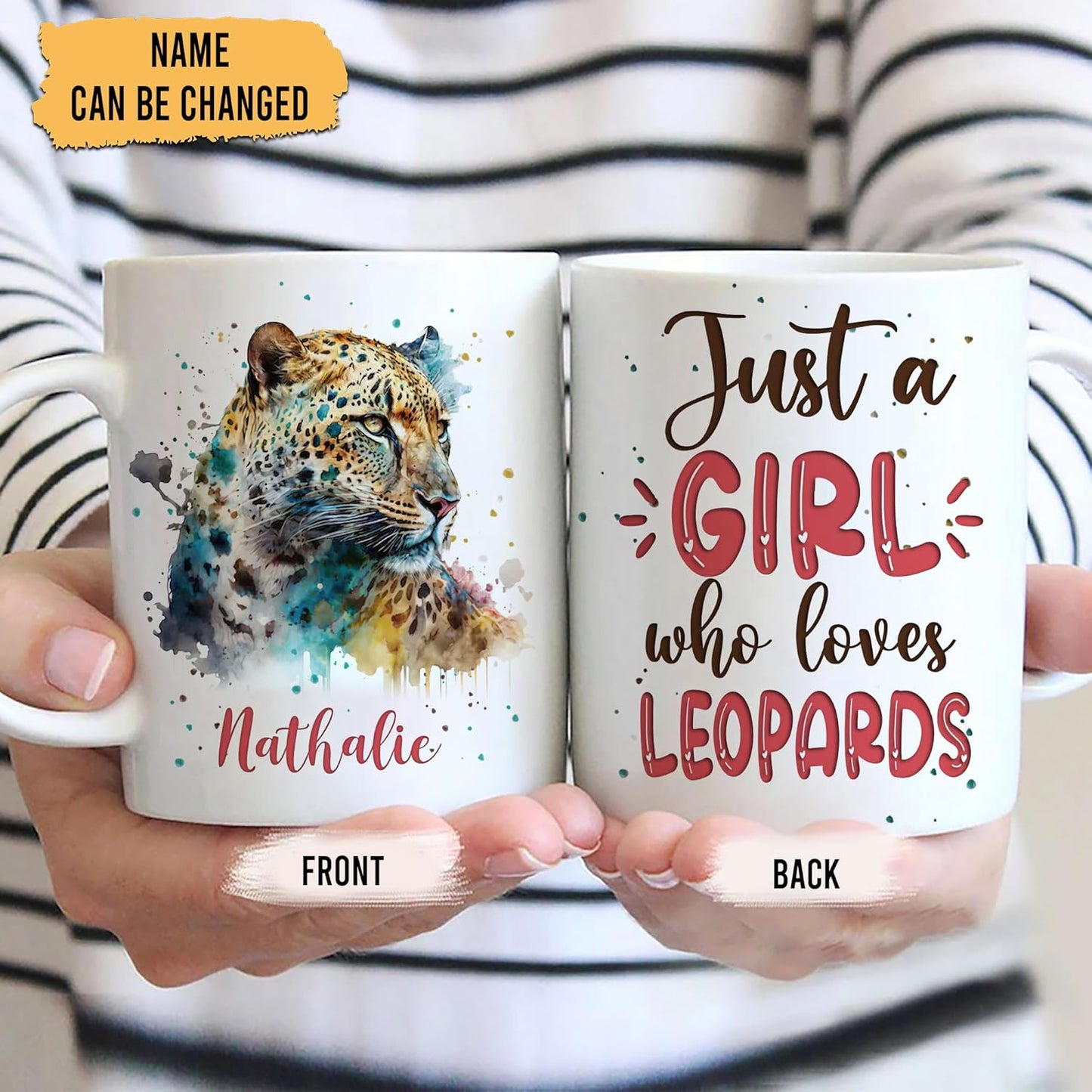 Hyturtle Personalized Gifts Leopard Lover - Just A Girl Who Loves Leopards Custom Name Ceramic Coffee Mug Cup 11oz - Idea Cute Animal Lover Gifts For Women, Girl Daughter On Birthday, Christmas