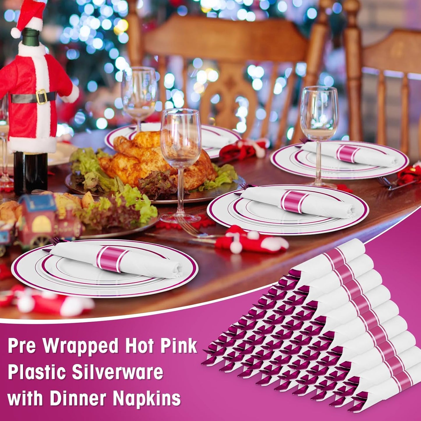 100Pack Pre Rolled Hot Pink Plastic Silverware - Wrapped Hot Pink Disposable Cutlery with Napkins, Pre Rolled Plastic Silverware Set, Disposable Christmas Silverware with Dinner Napkins for Party