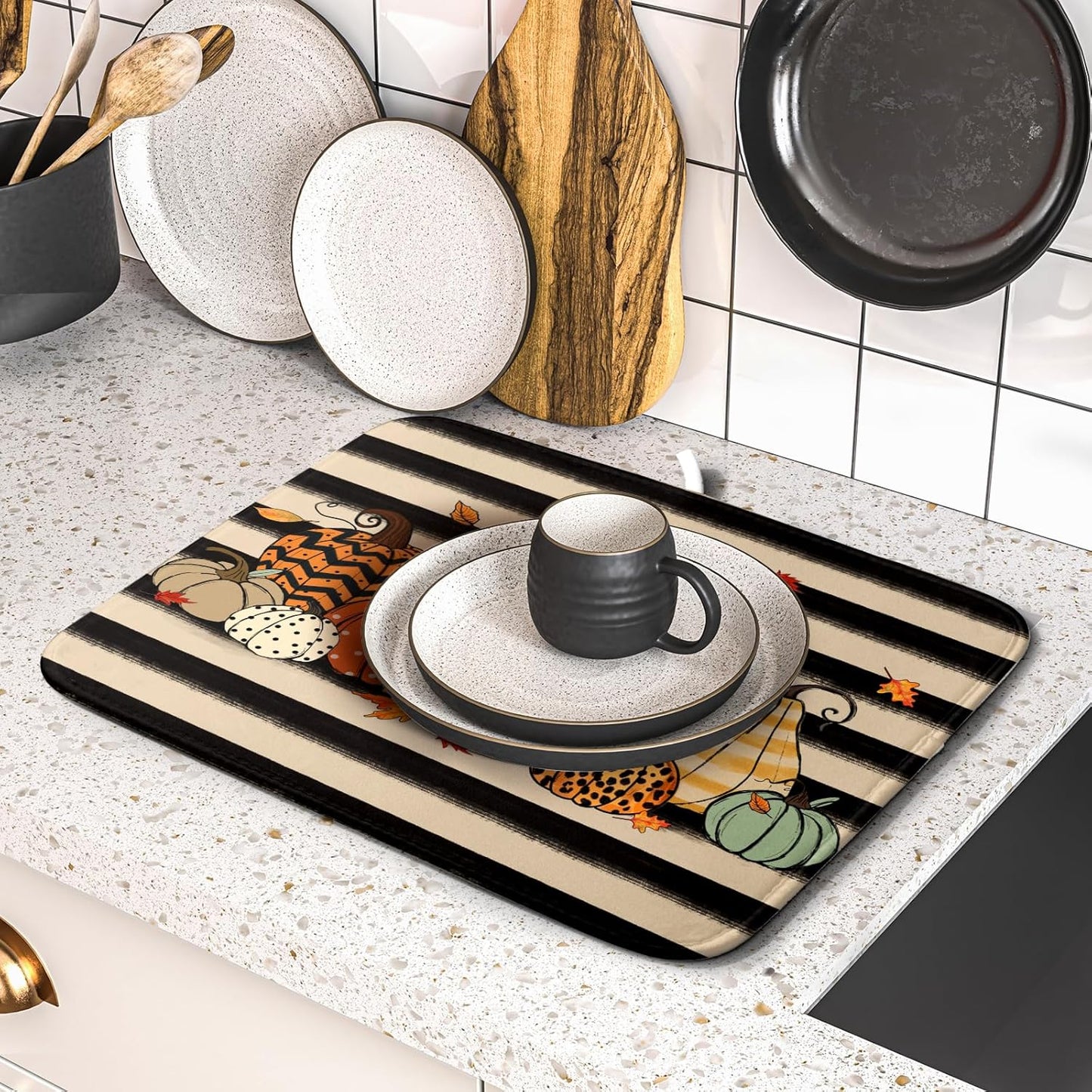 Autumn Pumpkin Dish Drying Mats 16x18 In, Fall Leopard Buffalo Plaid Thanksgiving Halloween Absorbent Microfiber Quick Dry Dishes Drainer Rack Mat for Kitchen Counter Decor