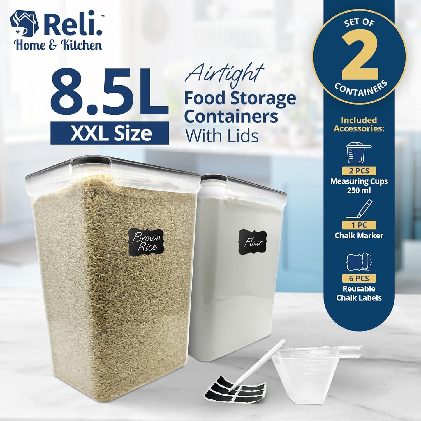Reli. 8.5L Airtight Food Storage Containers with Lids (2 Sets) Kitchen Organizers and Storage Containers, Pantry Organizers | BPA Free Plastic XXL Set w/ 2 Measuring Cups, 6 Labels, Pen