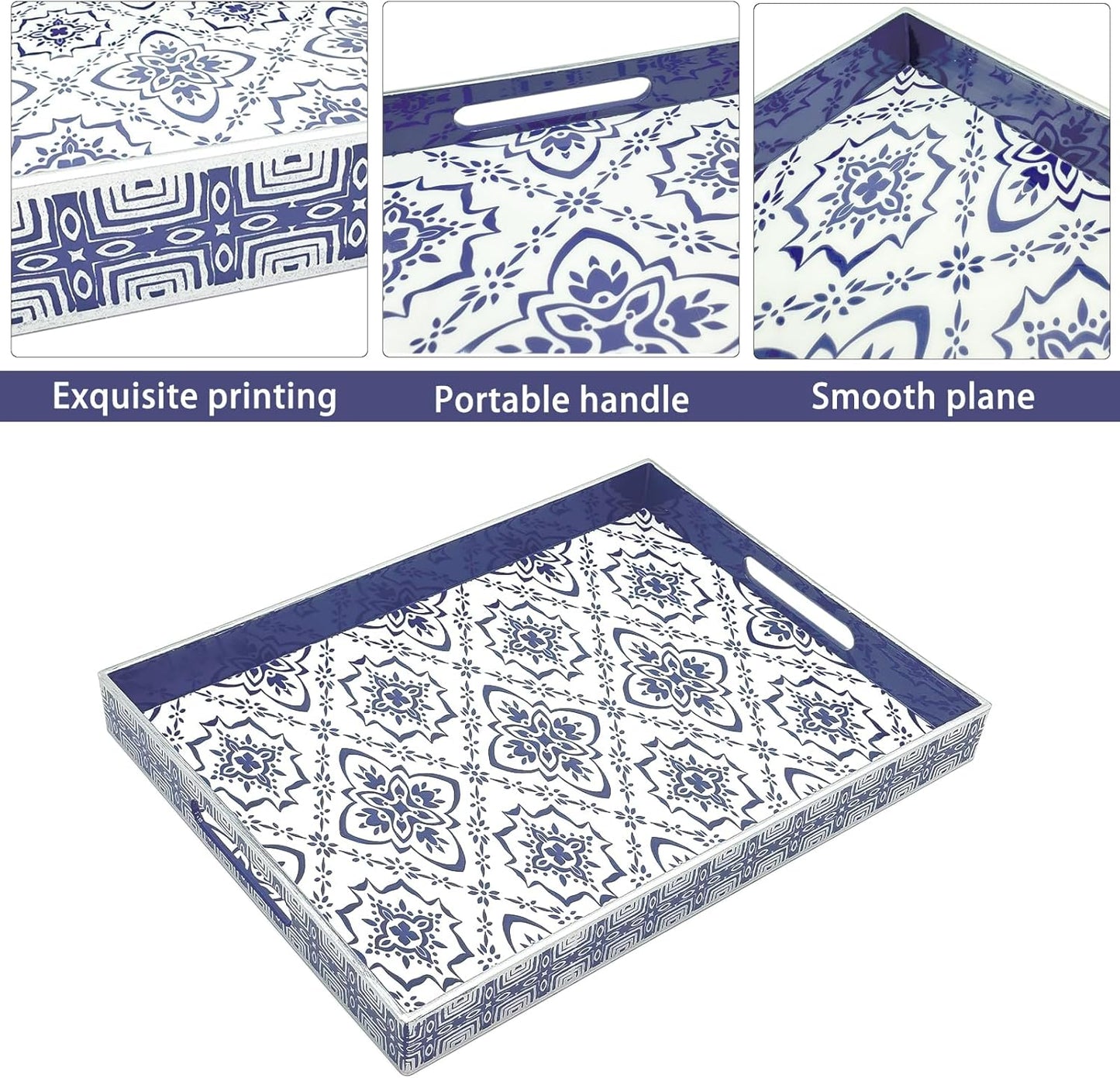 Serving Tray with Handles, 15.7 * 11.8 inches, Plastic Ottoman Tray with Exquisite Paintings, Trays for Coffee Table