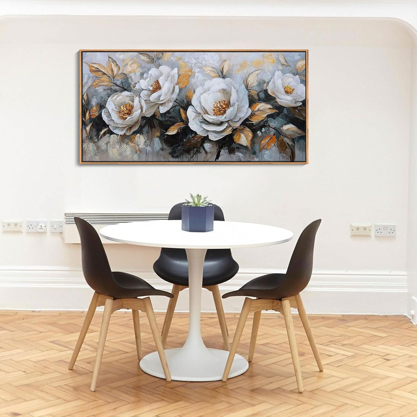 HKDGOKA Large Vintage Canvas Wall Art, White Gold Peony Flowers Paintings Abstract Floral Golden leaves Framed Artwork Picture for Living Room Bedroom Kitchen Home Office Decor 24x48 IN