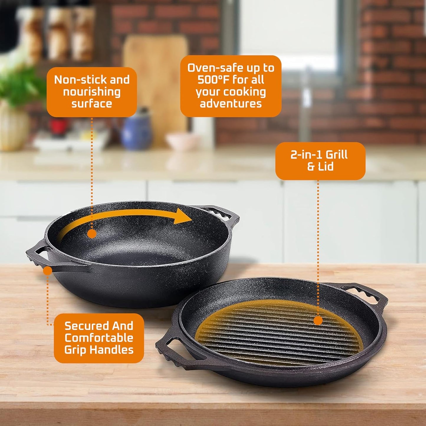 2-in-1 Enameled Cast Iron Cocotte Double Braiser Pan with Grill Lid 3.3 Quarts - Barbecue Grill Non Stick Frying Pan - Casserole Cookware Wide Handle (Grey)