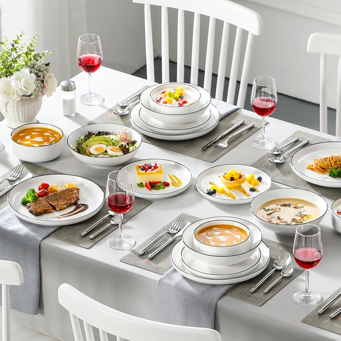 MALACASA Plates and Bowls Sets, 24 Pieces Modern Porcelain Dinnerware Set for 6 Ceramic Dishware Dishes White Kitchen Dinner Dining Ware Set wtih Black Rim Microwave and Dishwasher Safe, Series LUNA