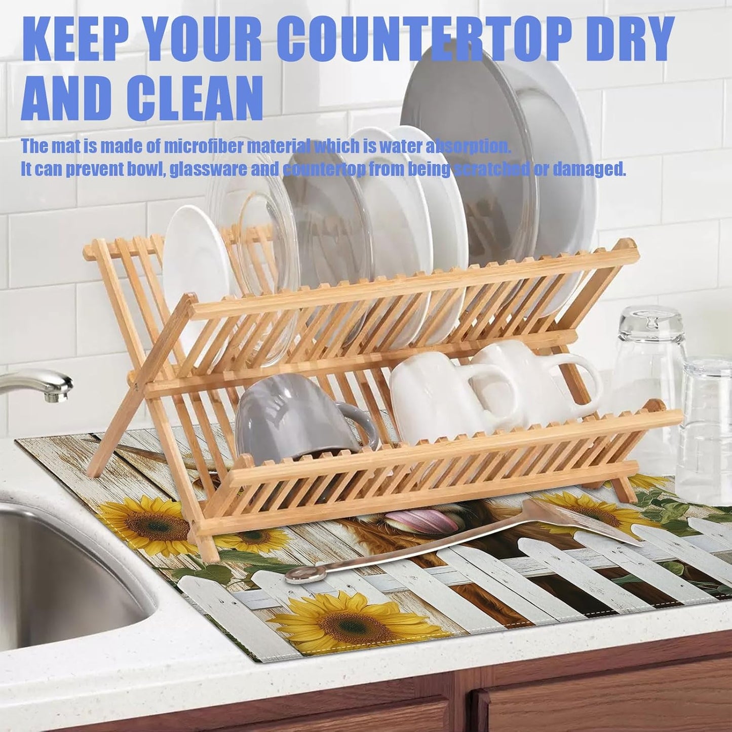 Sunflower Highland Cow Dish Drying Mat for Kitchen Counter Drying Pad Absorbent Reversible Dish Drainer Rack Mats Draining Pad 18"x24"Inch
