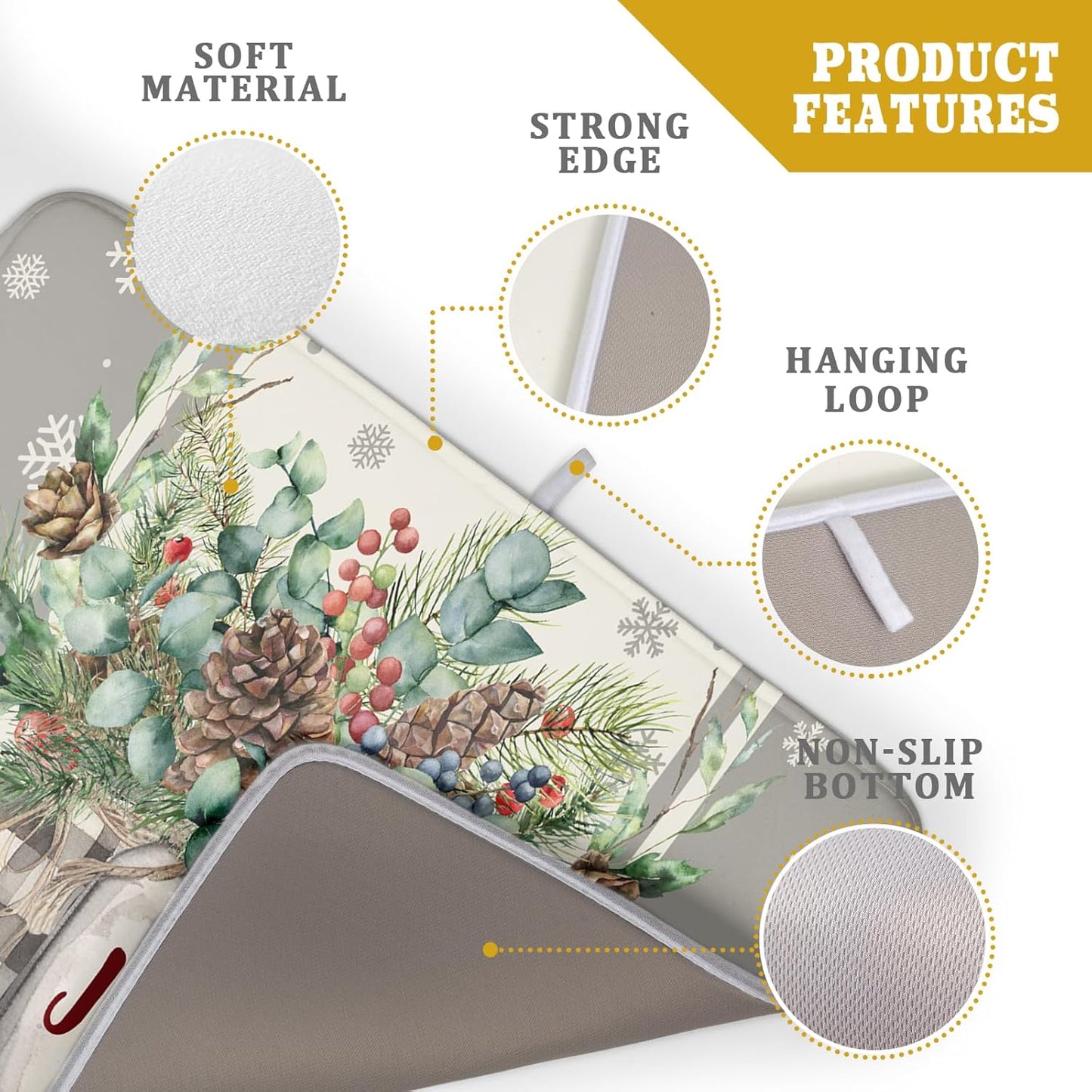 Christmas Dish Drying Mat for Kitchen Counter 18x24 Inch,Large Winter Poinsettia Berry Pinecone Grey Dish Drainer Rack Mats Heat Resistant Foldable Absorbent Draining Pad