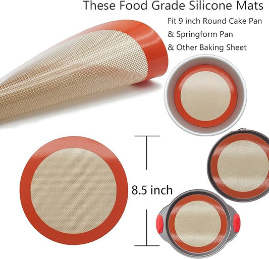 Silicone Baking Mats, 2 PCS Round Silicone Mats for 9 Inch Cake Pan, Non-Stick Reusable Cookie Sheet Liners for Baking Pans for Cake/Bread/Pizza/Macaron/Pastry/Cookie/Bun/Pie
