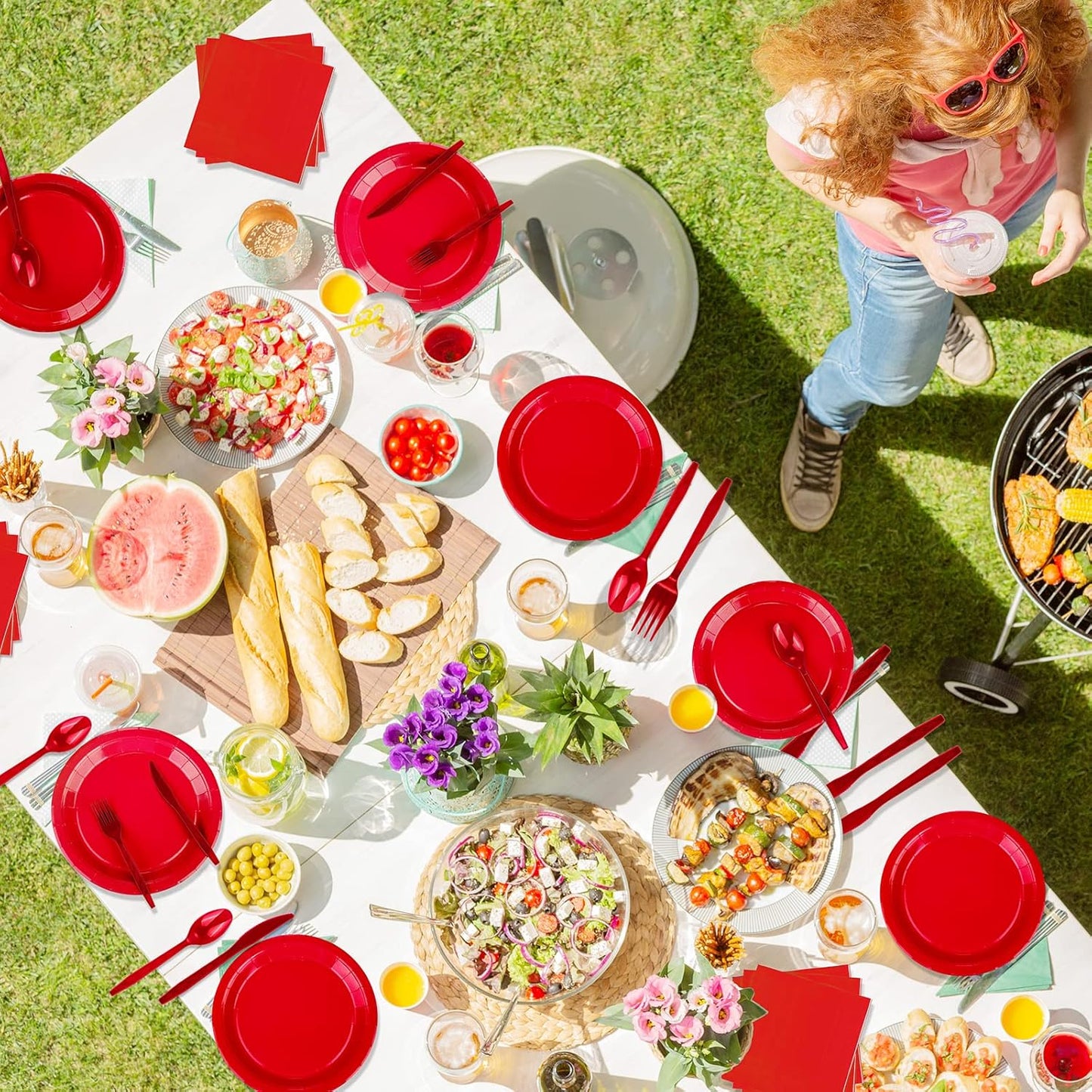 TWOWYHI 228PCS Red Party Supplies Set Include Paper Plates Cups Red Napkins Plastic Spoons Forks Knives for 30 Guests Disposable Party Dinnerware for Birthday Wedding Family Picnic