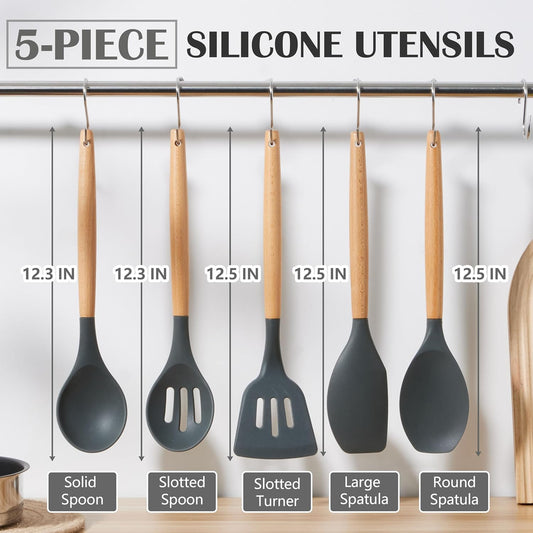 E-far Silicone Cooking Utensils Set, 5-Piece Kitchen Utensils Set with Wooden Handle for Cooking, Silicone Kitchen Nonstick Tools Spatula Turner Slotted Spoons, Nontoxic & Heat Resistant-Gray