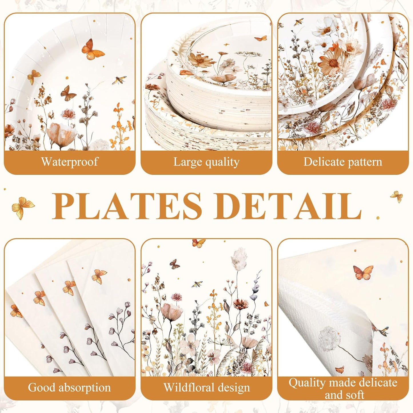 250 Pcs Wildflower Party Decorations Include Boho Autumn Fall Floral Paper Plates Napkins and Cups for Wildflower Baby Shower Tea Decorations, Serve 50 Guest