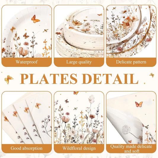250 Pcs Wildflower Party Decorations Include Boho Autumn Fall Floral Paper Plates Napkins and Cups for Wildflower Baby Shower Tea Decorations, Serve 50 Guest