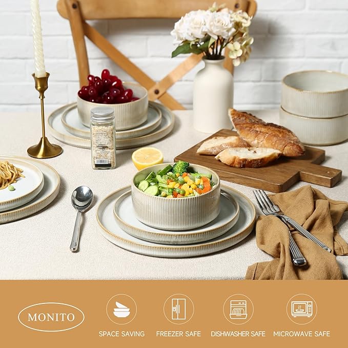 Stoneware Dinnerware Sets, Plates and Bowls Set for 4, 12-Piece Ribbed Dishes – Chip & Scratch Resistant, Microwave and Dishwasher Safe Tableware, Cream Off-White