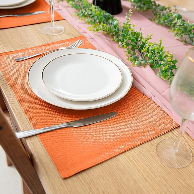 Linen Fabric Placemats Set of 4, Machine Washable, Heat Resistant, Wrinkle Free Thick Polyester Kitchen Place Mats for Dining Table (Orange)