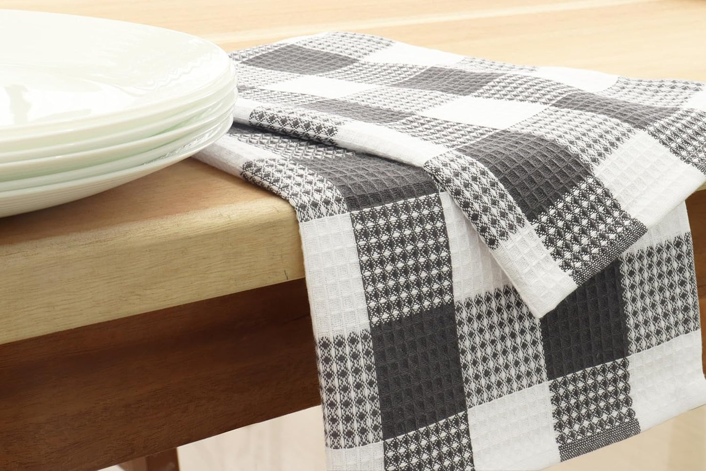 PurpleEssences 100% Cotton Waffle Weave Check Plaid Kitchen Towels, Super Soft and Absorbent Dish Towels for Drying Dishes 15 x 25-6 Pack - Fall Thanksgiving - Steel Grey and White