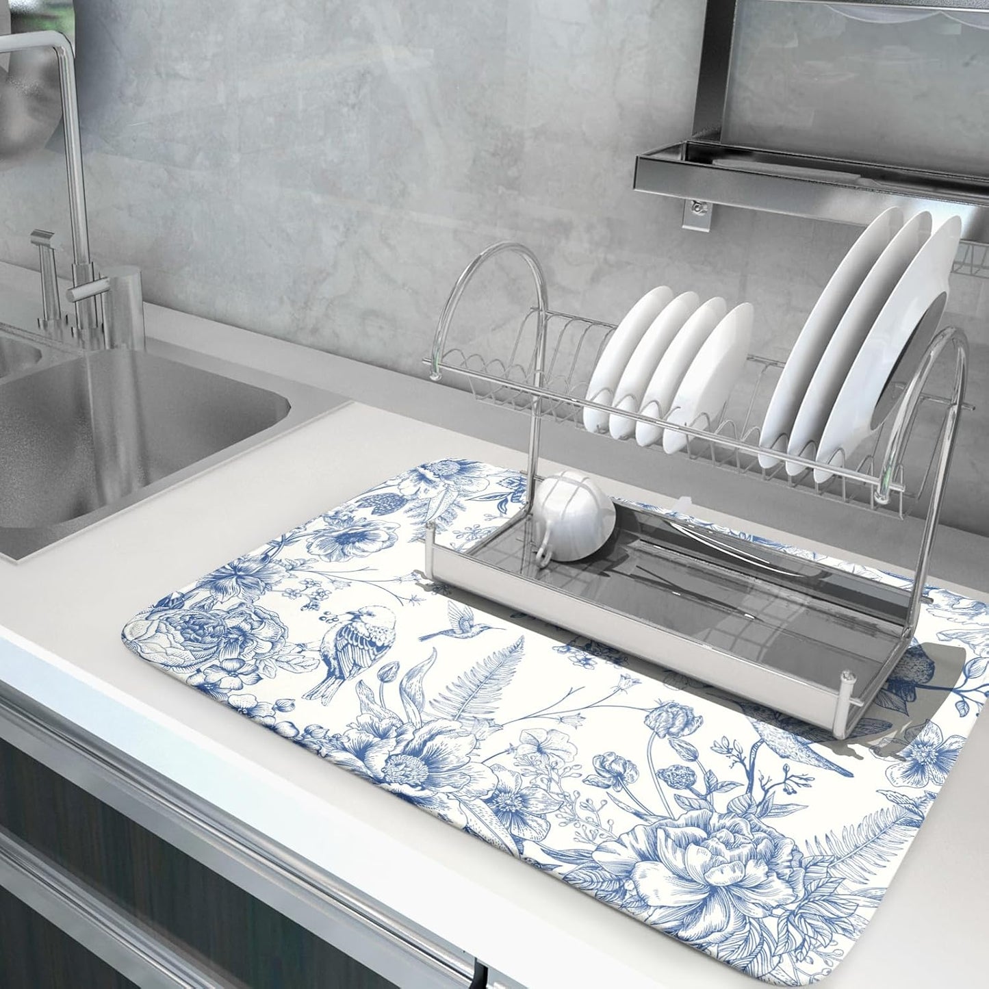 Chinoiserie Flowers Dish Drying Mat for Kitchen Counter, 18x24 Inch Vintage Blue Floral Birds Ultra Absorbent Reversible Dish Drainer Mats Plate Holder