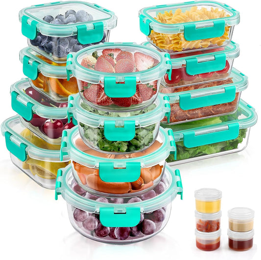 34pcs Glass Food Storage Containers with Lids Set, Airtight Glass Meal Prep Containers (17 Containers & 17 Lids), Leak Proof Lunch Containers BPA-Free, Microwave, Oven, Freezer, Dishwasher Safe-Green