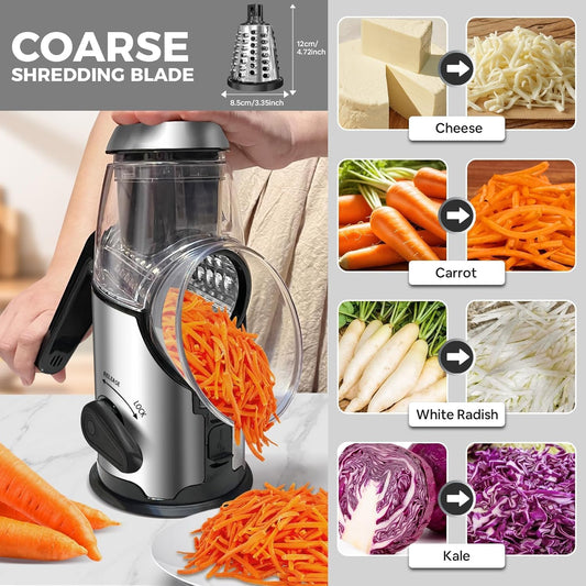 Airpro Rotary Cheese Grater with Handle - Vegetable Shredder with 3 Stainless Steel Blades & Strong Suction Base,Round Mandoline Slicer & Food Chopper for Kitchen