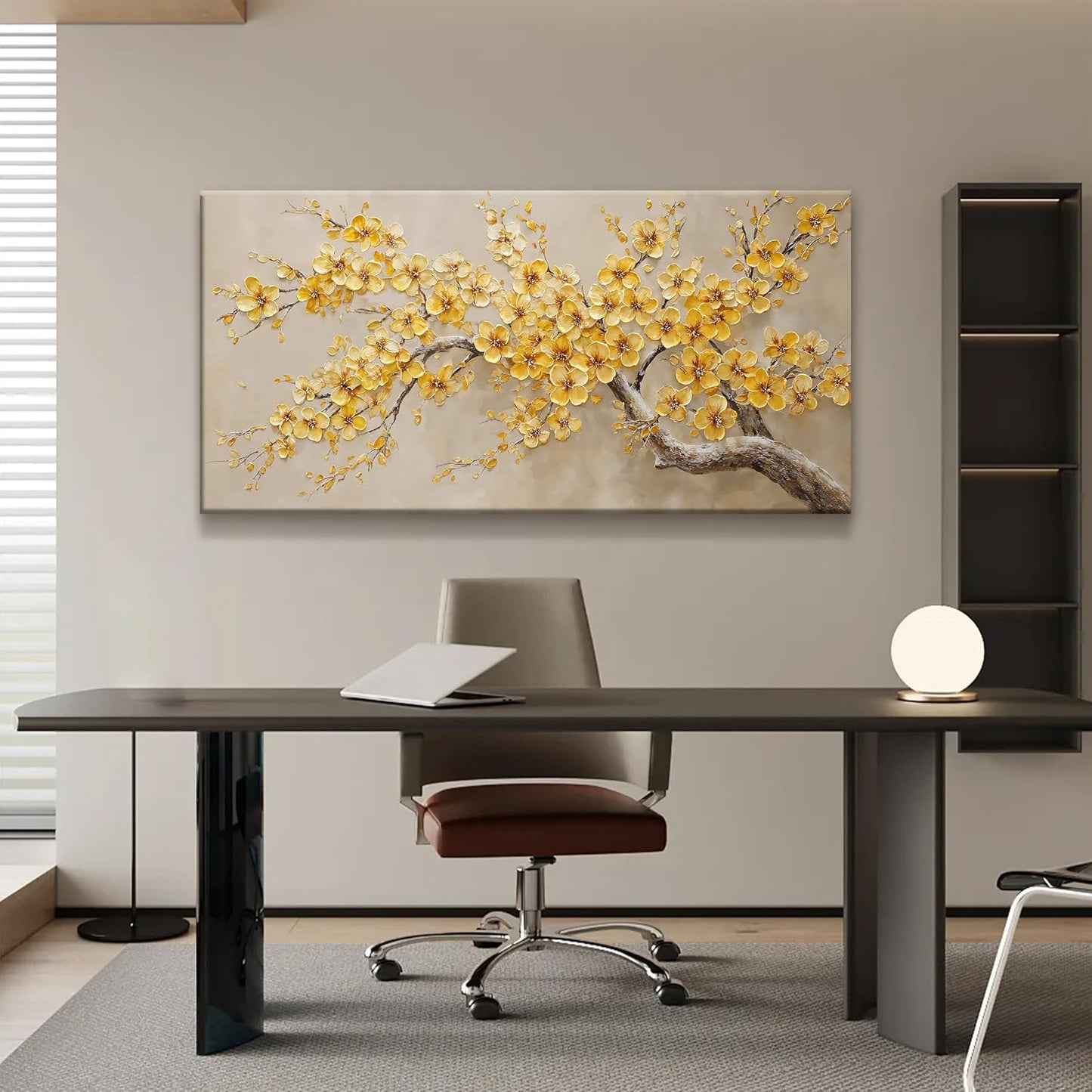 Modern Tree Of Life Wall Art Canvas Prints Ready To Hang Home Wall Decor Golden Yellow Flowers Wall Art Decorations For Living Room Kitchen Bedroom Office Decor 24x48 Inch