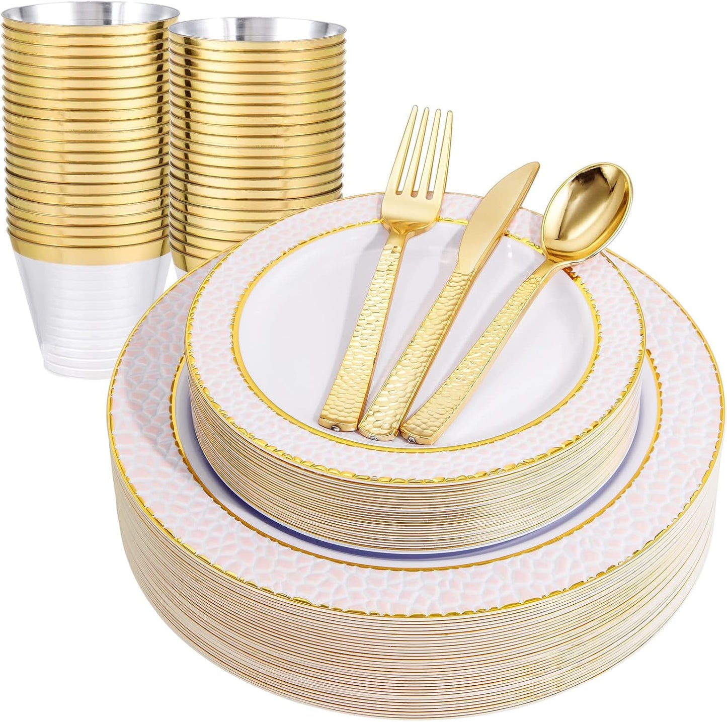 Ciaell 150PCS Pink Plastic Plates – Disposable Pink and Gold Plates Set include 50Plates, 25Forks, 25Knives, 25Spoons, 25Cups for Wedding & Party