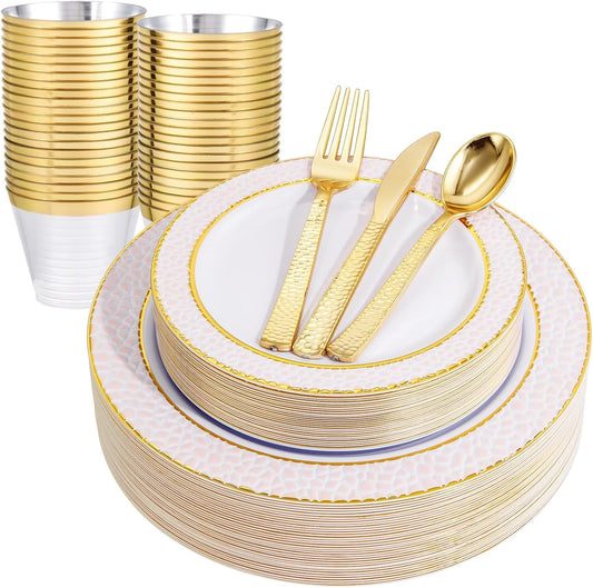 Ciaell 150PCS Pink Plastic Plates – Disposable Pink and Gold Plates Set include 50Plates, 25Forks, 25Knives, 25Spoons, 25Cups for Wedding & Party