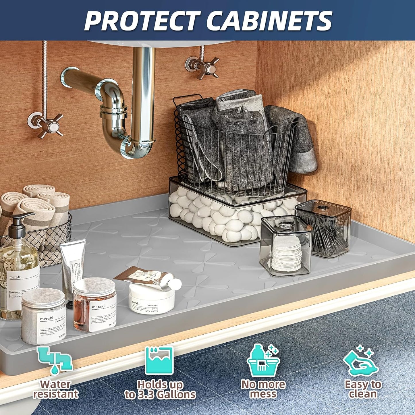 SIKADEER 37" x 22" Under Sink Mat Waterproof, Silicone Mat Kitchen Drawer Shelf and Cabinet Liner, Sink Protector for Bathroom Organizers and Storage, Boot Tray Pet Food Mats