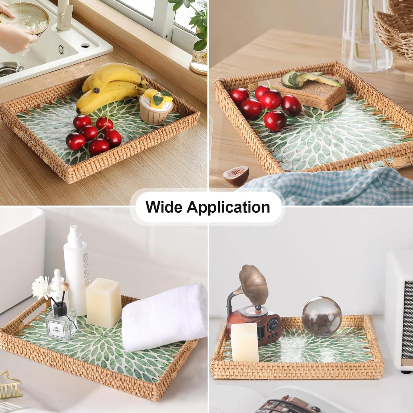 Rectangle Rattan Tray with Mother of Pearl Inlay, Rattan Serving Tray with Handle for Coffee, Bread, Fruits, Snacks, Decorative Wicker Tray for Table Decor (Rectangle Green Leaf, 13"×9")