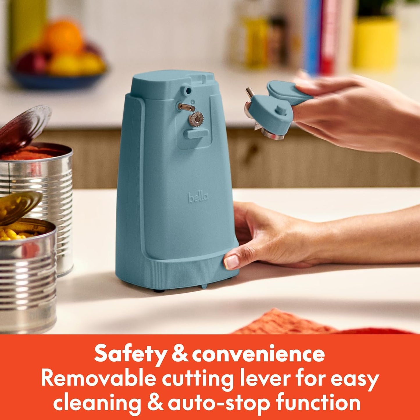 bella Electric Can Opener and Knife Sharpener, Multifunctional Jar and Bottle Opener with Removable Cutting Lever and Cord Storage, Stainless Steel Blade, Surf