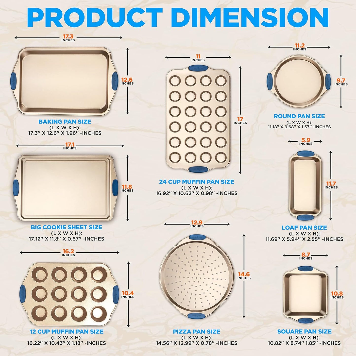 NutriChef 10-Piece Nonstick Bakeware Set - Premium Carbon Steel Baking Pan Set w/Heatsafe Silicone Handles, Includes Pizza Crisper, Loaf Pan, 12 & 24 Cup Muffin Pans, Cake Pans, Cookie Sheets