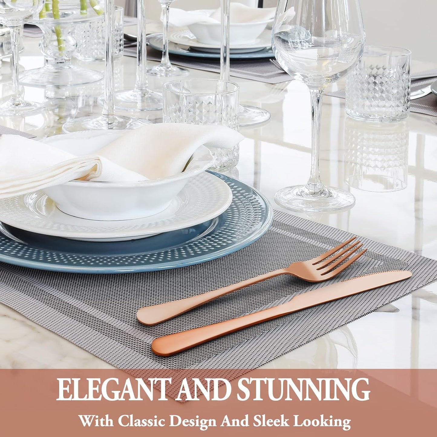 24 Pcs Rose Gold Silverware Set with Steak Knives Service for 4,Stainless Steel Flatware Set,Mirror Polished Cutlery Utensil Set, Kitchen Eating Tableware,Include Fork Knife Spoon Set,Dishwasher Safe