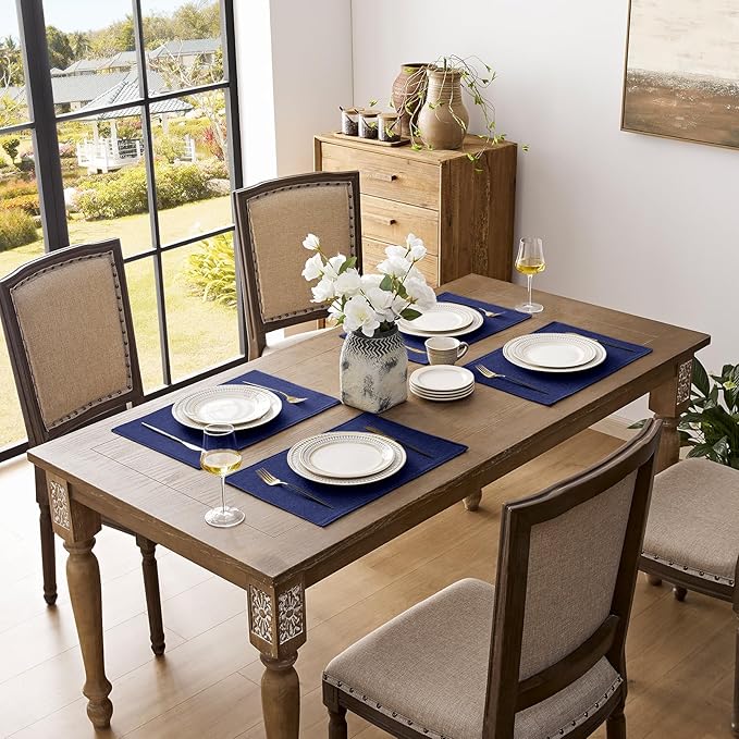 Romanstile Cloth Placemats Set of 4-12 x 18 Inch, Heat Resistant Double Layered Thickened Burlap Place Mats, Washable Faux Linen Farmhouse Table Mats for Kitchen/Dining/Party/Outdoor, Navy Blue