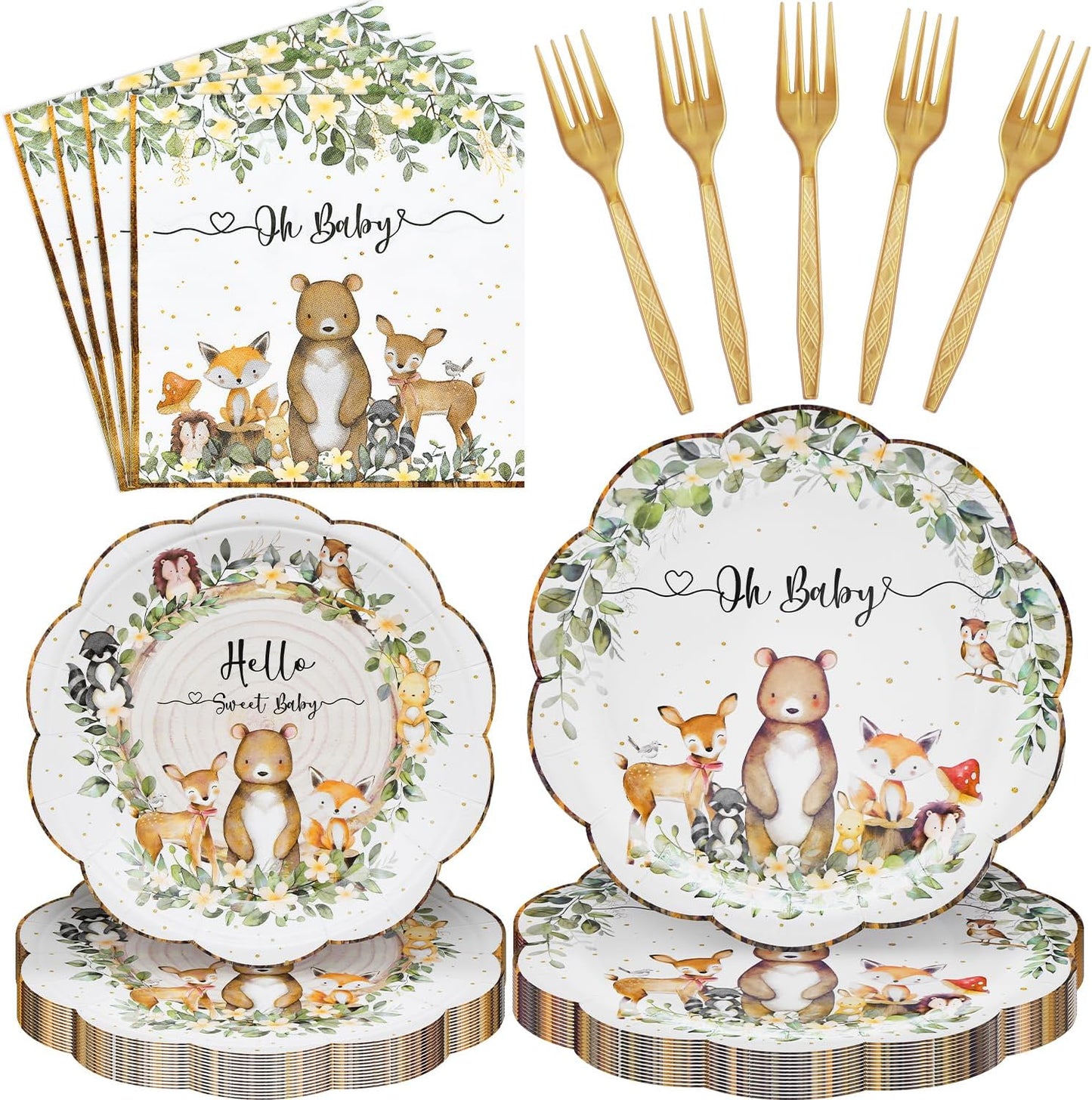 96 Pieces Woodland Baby Shower Tableware Set – Scalloped Forest Animal Disposable Dinnerware with Paper Plates, Napkins, and Forks for Gender Neutral Baby Showers and Birthday Parties – Serves 24