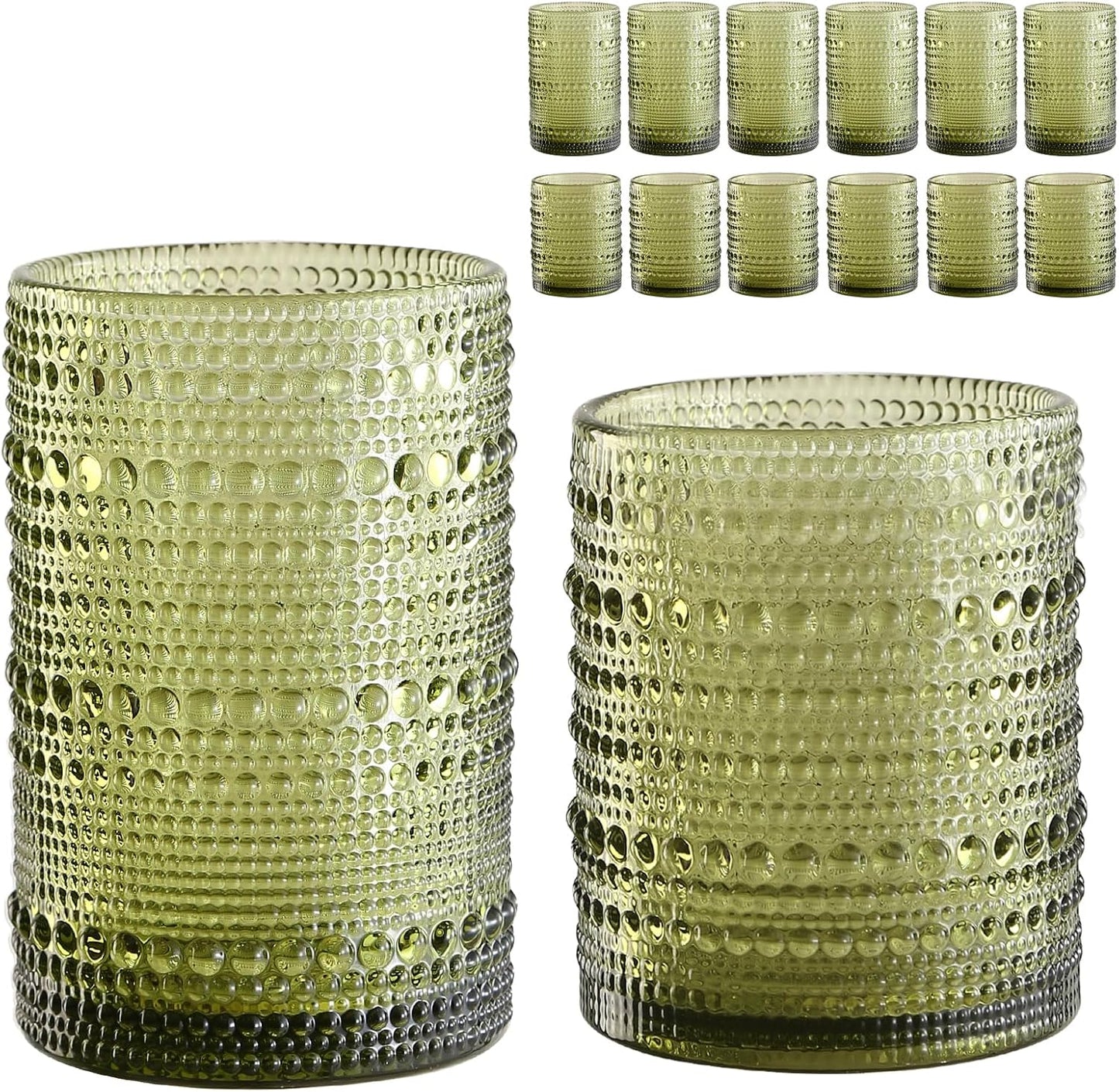 Vintage Glassware Drinking Glasses Set of 12,Green 12oz & 15oz Hobnail Glass Cups,Embossed Water Tumbler,for Beer,Cocktail,Whiskey,Juice and Various Mixed Drinks- 1 Cleaning Brush