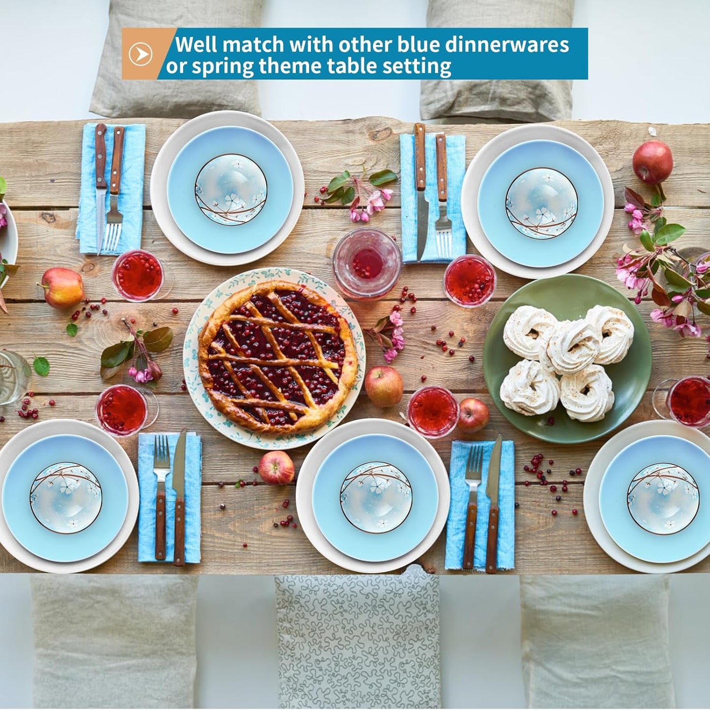 Ceramic Rice Bowls 10 oz, Sakura Bowl Gift Set, Dinnerware Serving Bowls for Rice, Cereal, Noodle, Soup, Desserts, Pack of 6 (Blue)