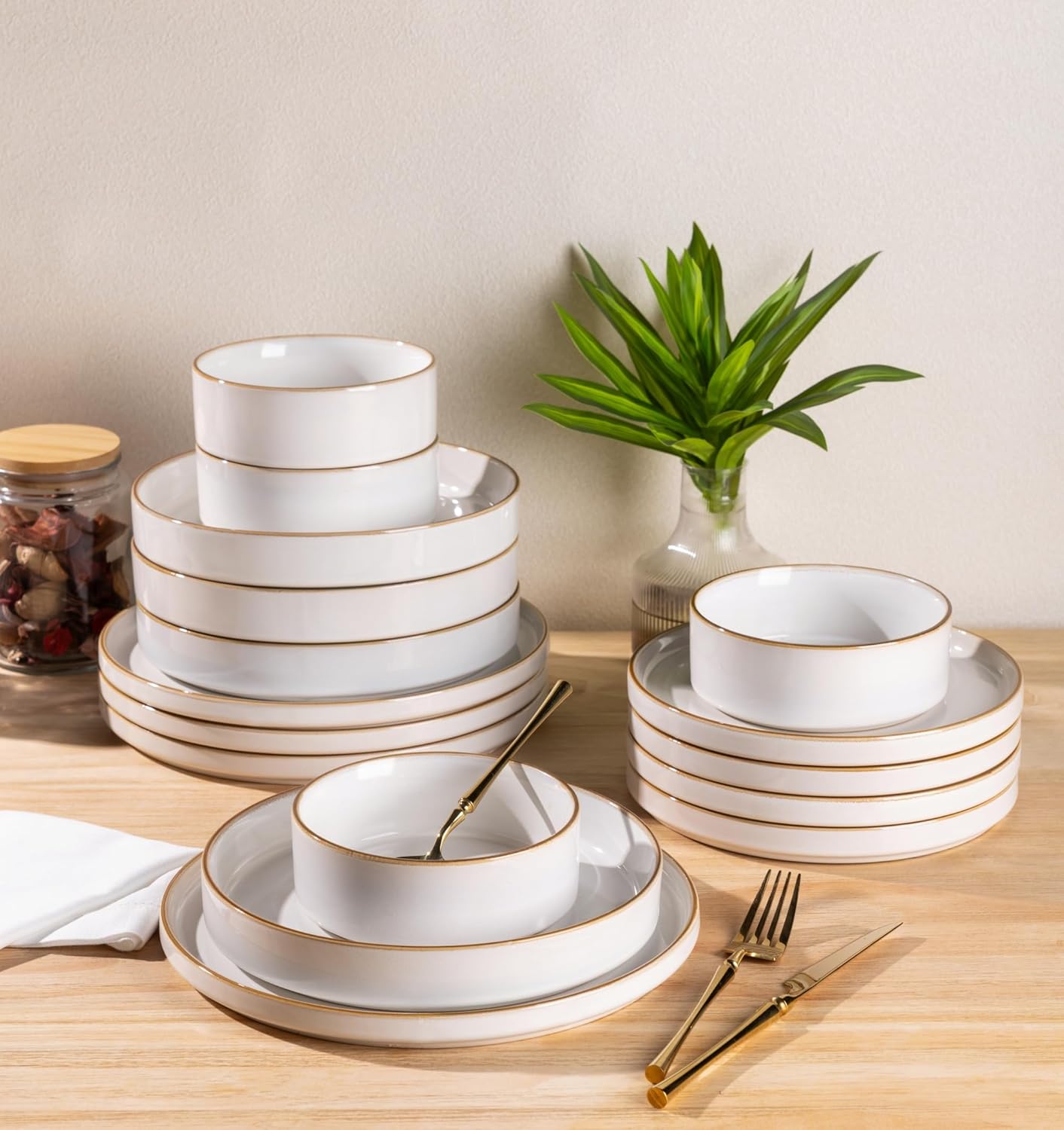 GBHOME Ceramic Dinnerware Sets With Double Bowl for 4, 16 Pieces Stoneware Plates and Bowls Set, Reactive Glaze Dishes -Scratch Resistant, Dishwasher&Microwave Safe-Pearl White