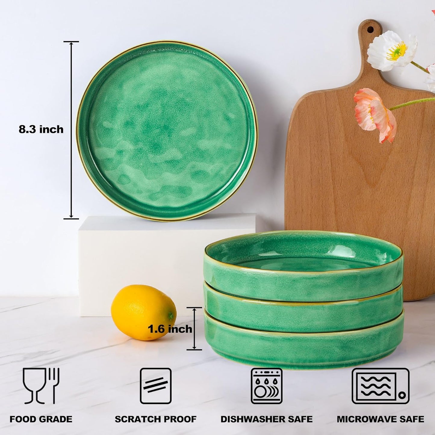 E-far Pasta Bowls Set of 4, 30oz Shallow Salad Bowls for Dinner Serving, 8.25" Stoneware Ceramic Bowl Plates for Noodle Soup, Microwave & Dishwasher Safe, Reactive Glaze, Green