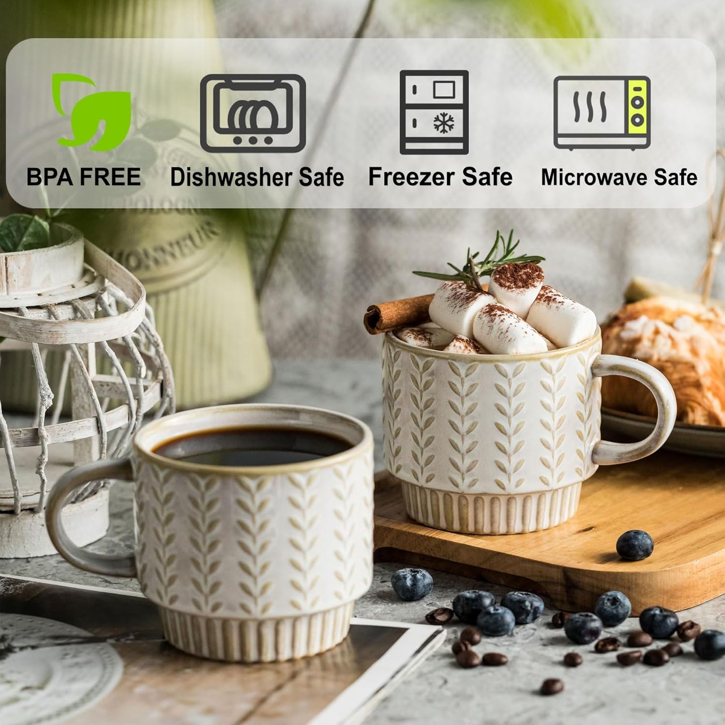 Coffee Mugs Set of 4 with Spoons & Stand, Stackable Espresso Cups 13oz Coffee Mug for Drinks Latte Cappuccino Tea, Coffee Cup for Women Men Couples Housewarming Birthday Gift, Dishwasher Safe