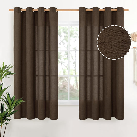 YoungsTex Brown Linen Curtains 63 Inches Length 2 Panels - Chocolate Semi Sheer Window Drapes Light Filtering with Bronze Grommet Privacy for Living Room Bedroom Farmhouse, 52 x 63 Inch