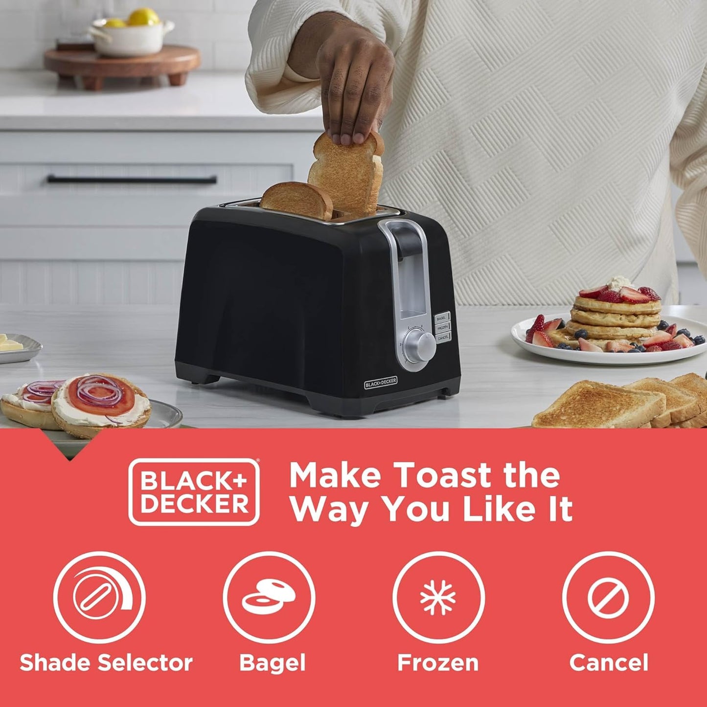 BLACK+DECKER 2-Slice Toaster, T2569B, Extra Wide Slots, 6 Shade Settings, 850 Watts, Crumb Tray, Cancel Button