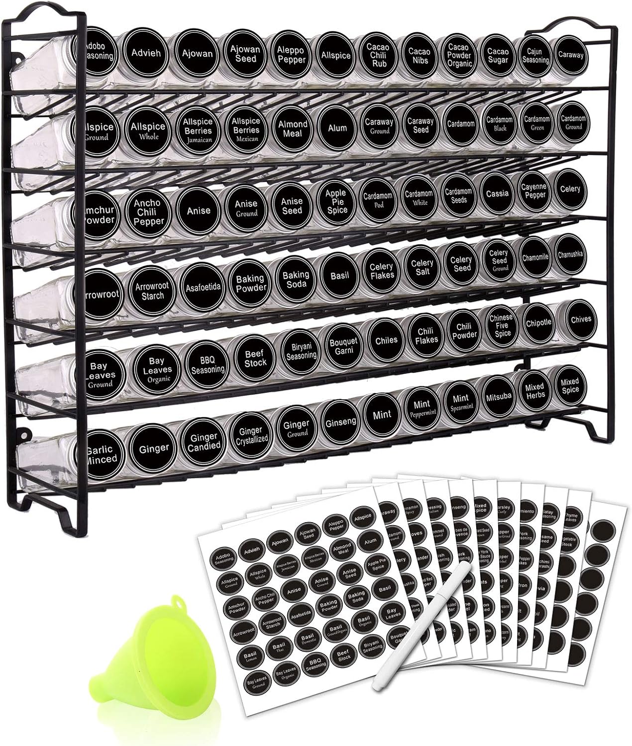 SWOMMOLY Spice Rack Organizer with 72 Empty Square Spice Jars, 340 Spice Labels with Chalk Marker and Funnel Complete Set,for Countertop,Cabinet or Wall Mount, Black