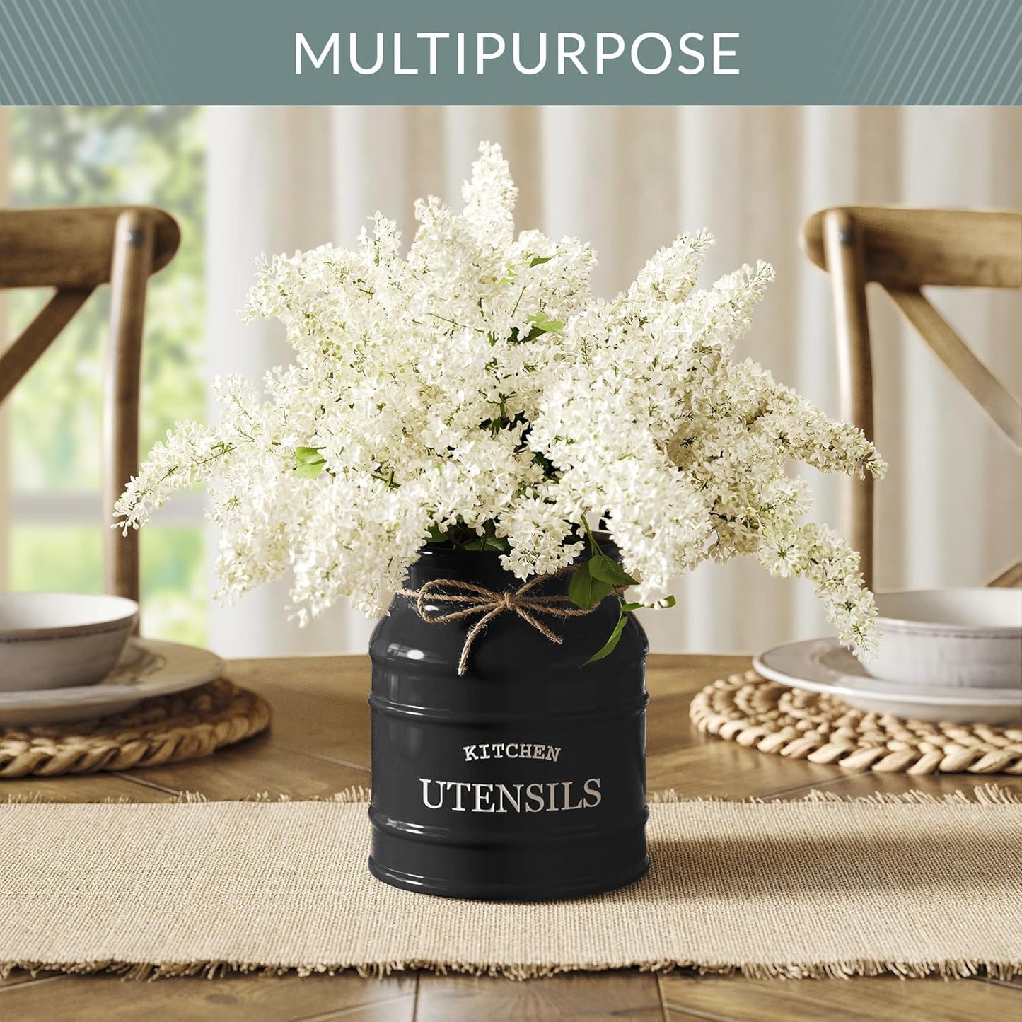 Barnyard Designs Ceramic Farmhouse Utensil Holder for Kitchen Counter, Large Rustic Utensil Crock, Countertop Cooking Tool Spatula Organizer, 6.75” (Black)