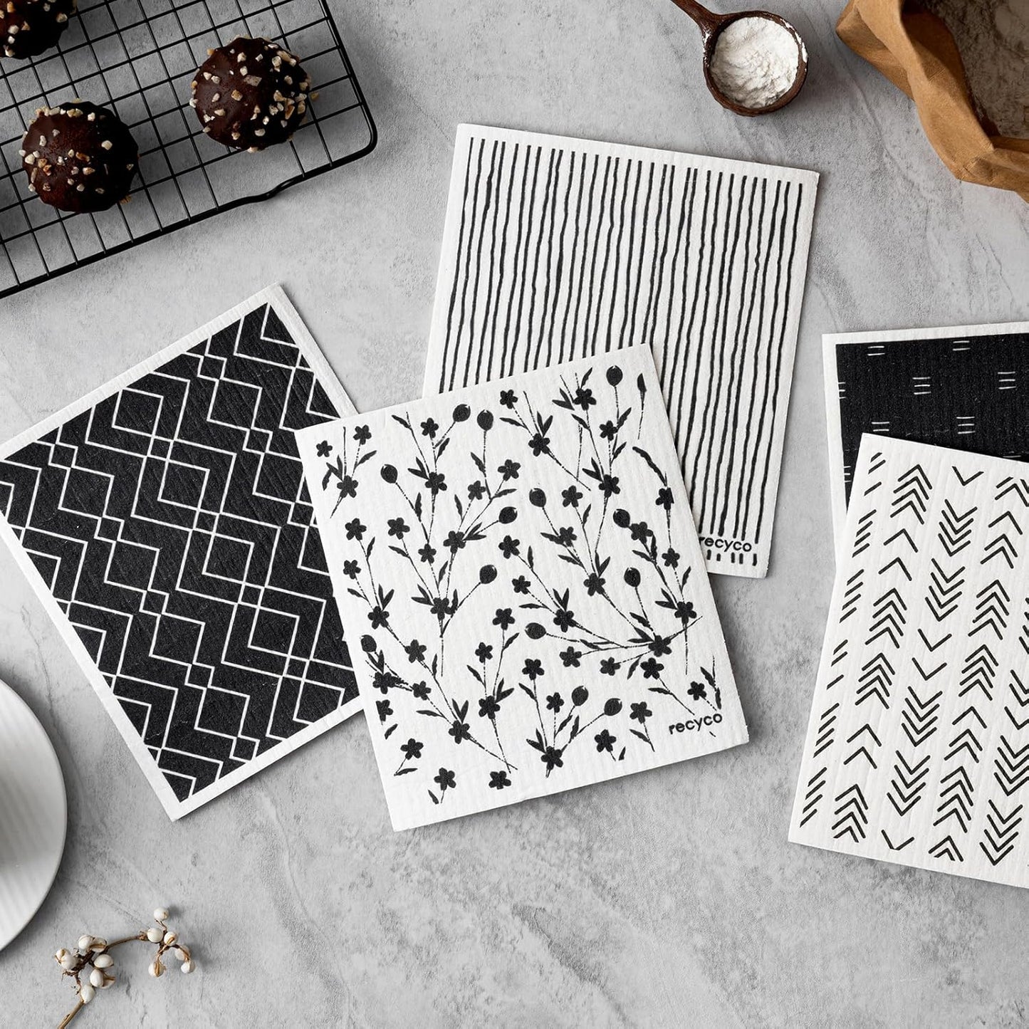 RECYCO Swedish Dishcloths for Kitchen | 5 Pack Geometric Washable Dish Rags | Cellulose Reusable Cleaning Paper Towels | Absorbent Counter Dish Cloth Sponge Kitchen Wipes, 8" L x 7" W