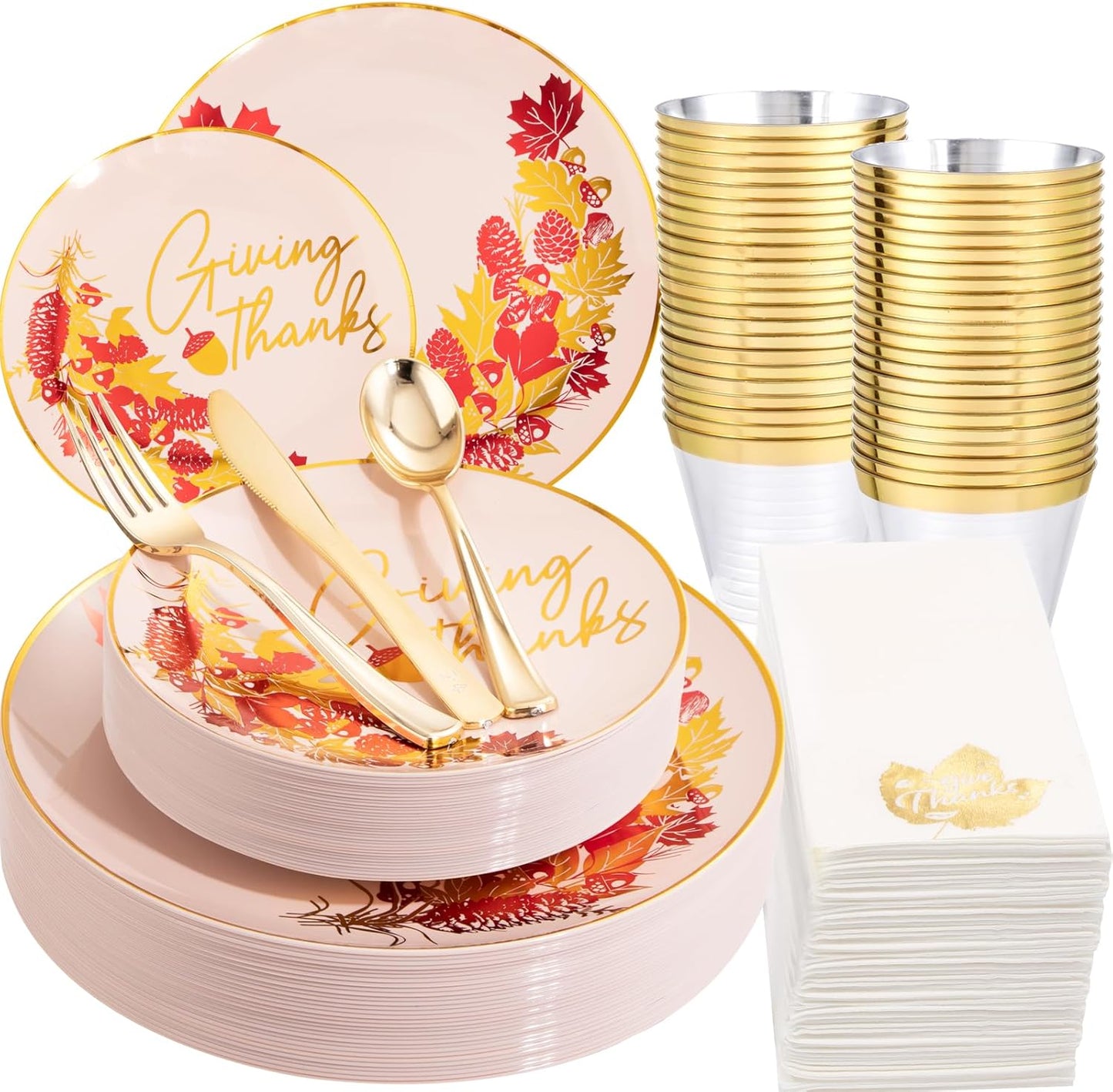 Morejoy 175PCS Thanksgiving Plastic Plates, Pink Gold Plastic Plates Disposable Include: 25 Dinner Plates, 25Dessert Plates,25 Cups,25 Forks,25 Knives,25 Spoons,25 Napkins,Perfect for Thanksgiving.