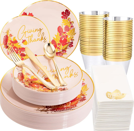 Morejoy 175PCS Thanksgiving Plastic Plates, Pink Gold Plastic Plates Disposable Include: 25 Dinner Plates, 25Dessert Plates,25 Cups,25 Forks,25 Knives,25 Spoons,25 Napkins,Perfect for Thanksgiving.