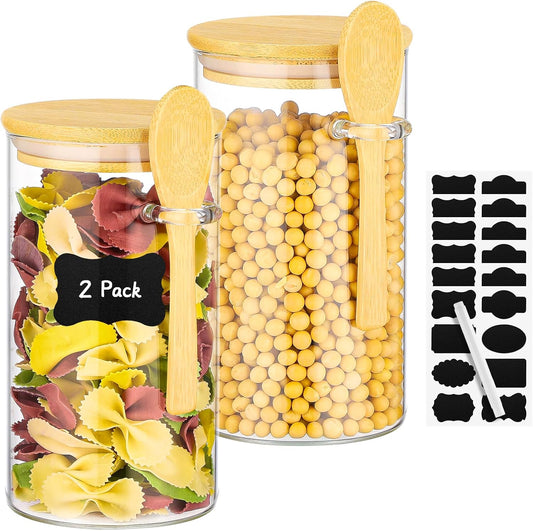 Glass Storage Jars with Airtight Lids - 2 Pack 23 Fl.oz Round Glass Jars with Bamboo Lids and Spoon, Includes Labels and Marker, Pantry Canisters for Sugar, Pasta, Cereal, Tea Container