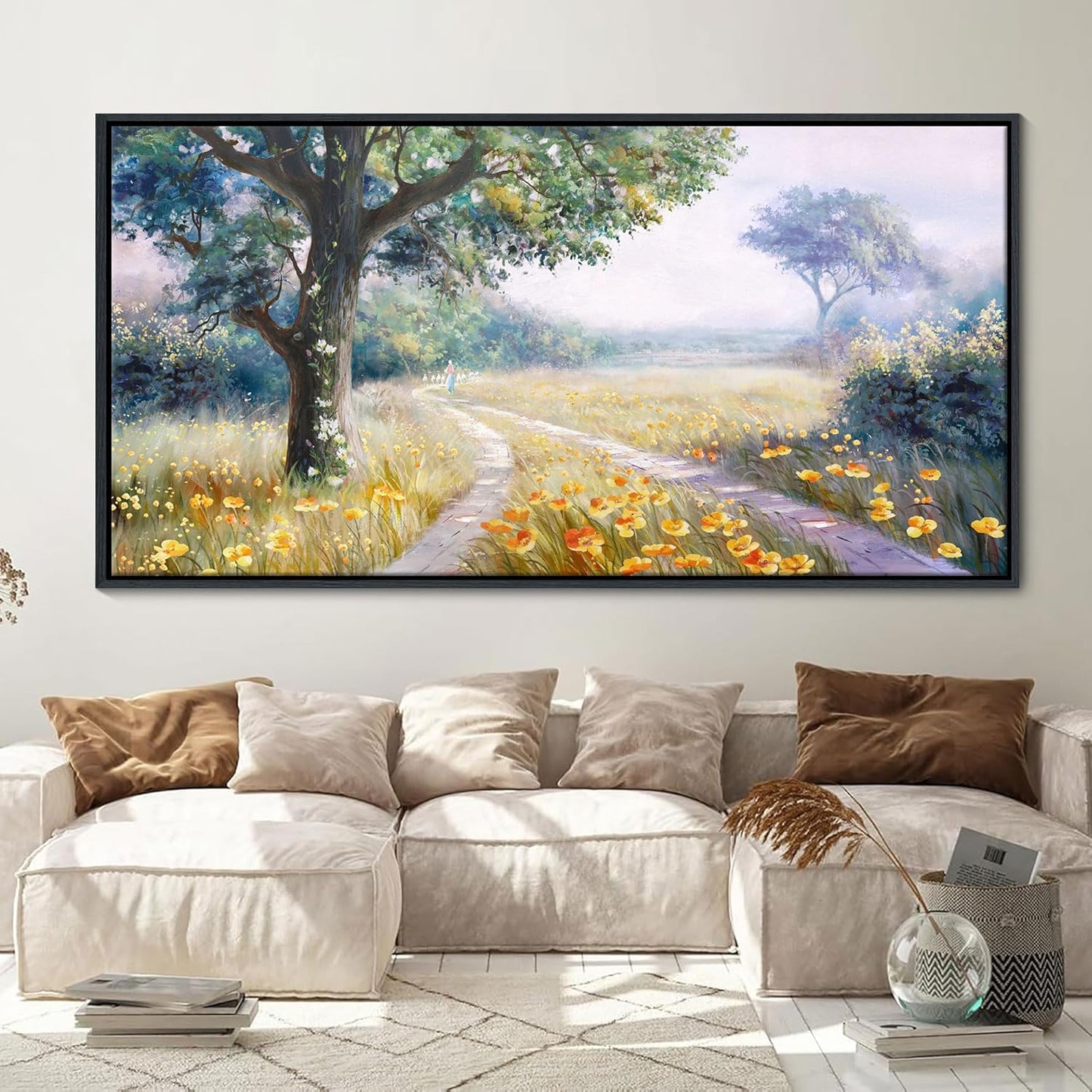 CHATYOUNG Canvas Wall Art Framed, Rustic Trails Orange flowers Landscape Wall Pictures Farmhouse Large Gallery Paintings 24"X48" for Living Room Bedroom Bathroom Birthday Gift Home Decor