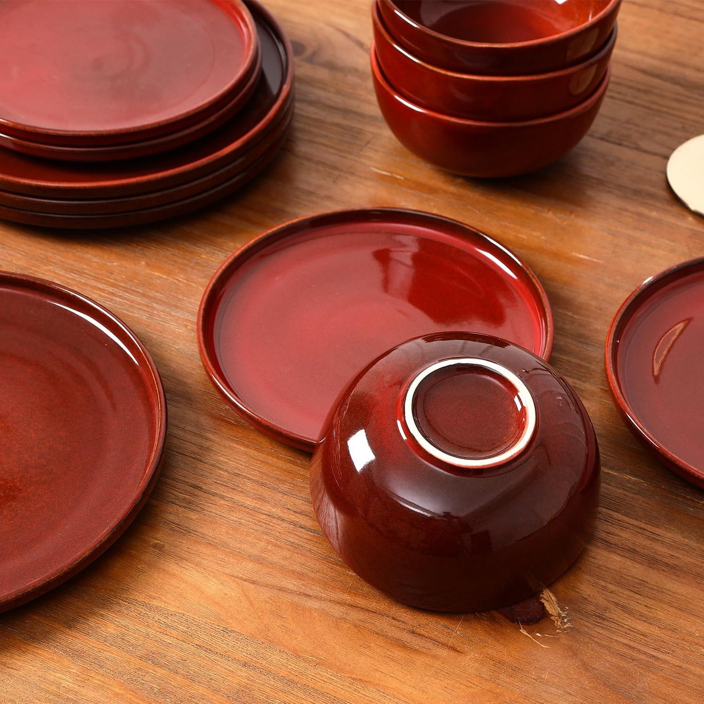 Vicrays Ceramic 12 Pieces Dinnerware Set - Dinner Plates Salad Plates Cereal Bowls Set Service for 4 - Scratch Resistant Microwave Oven Dishwasher Safe - Cherry Red