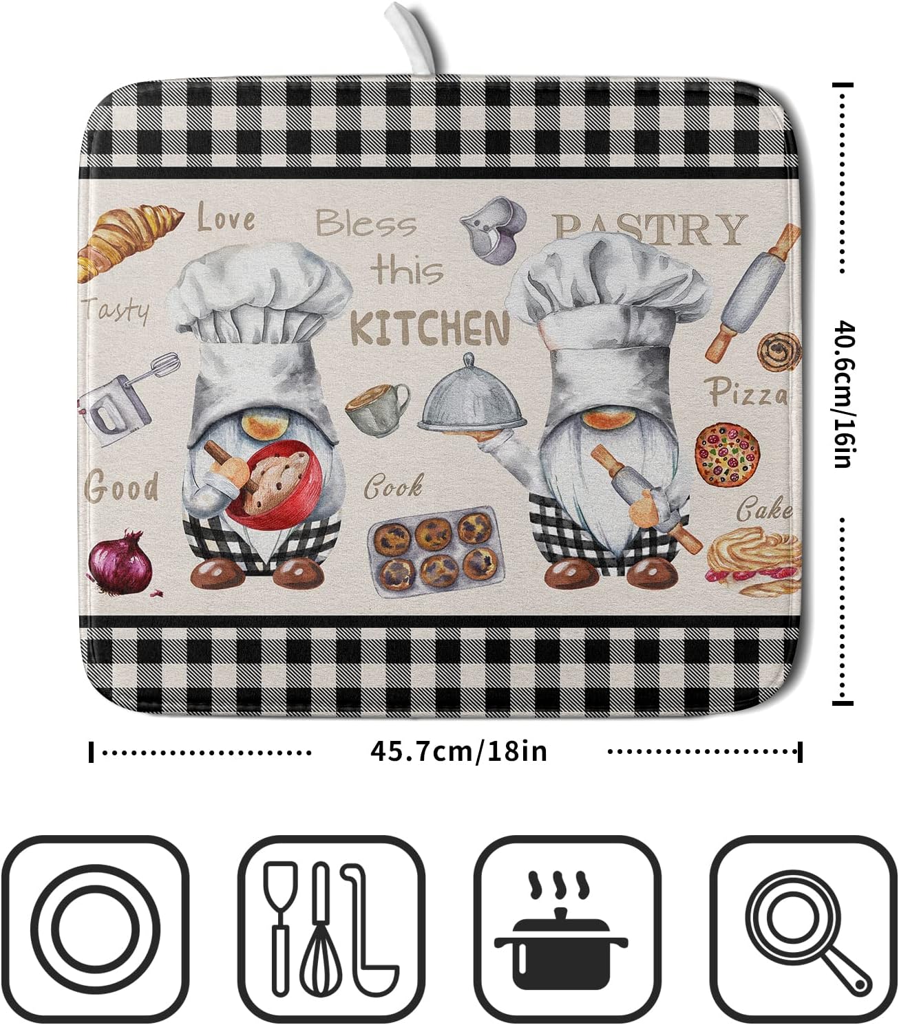 Gnome Chef Dish Drying Mat for Kitchen Counter Decor, Black White Buffalo Checked Dish Drainer Rack Mats Absorbent Microfiber Protector for Countertops Sinks, 16x18 Inch